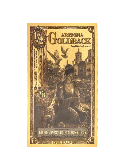 Goldback Arizona gold coin packaging with vintage design elements.