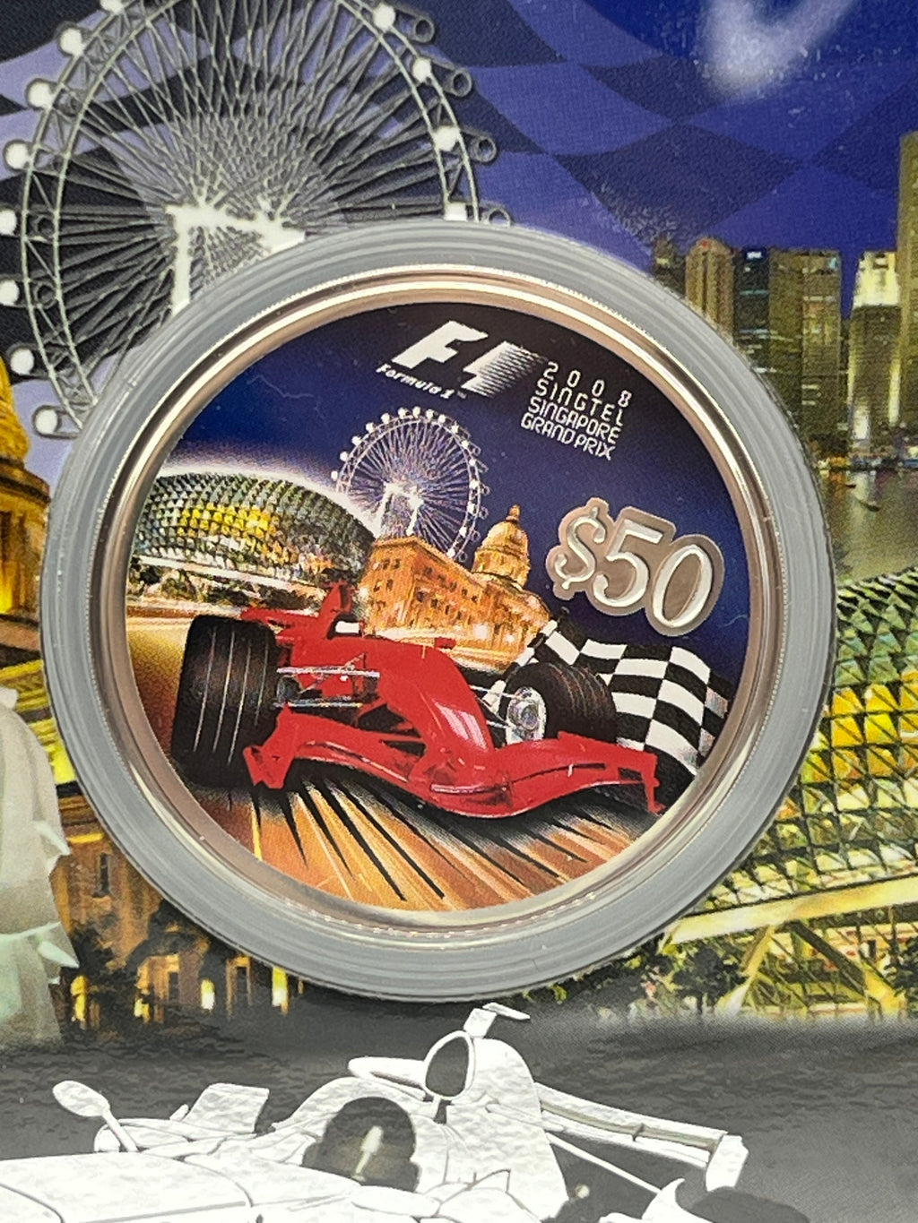 2008 $50 Singapore Silver Proof - Inaugural F1 Night Grand Prix