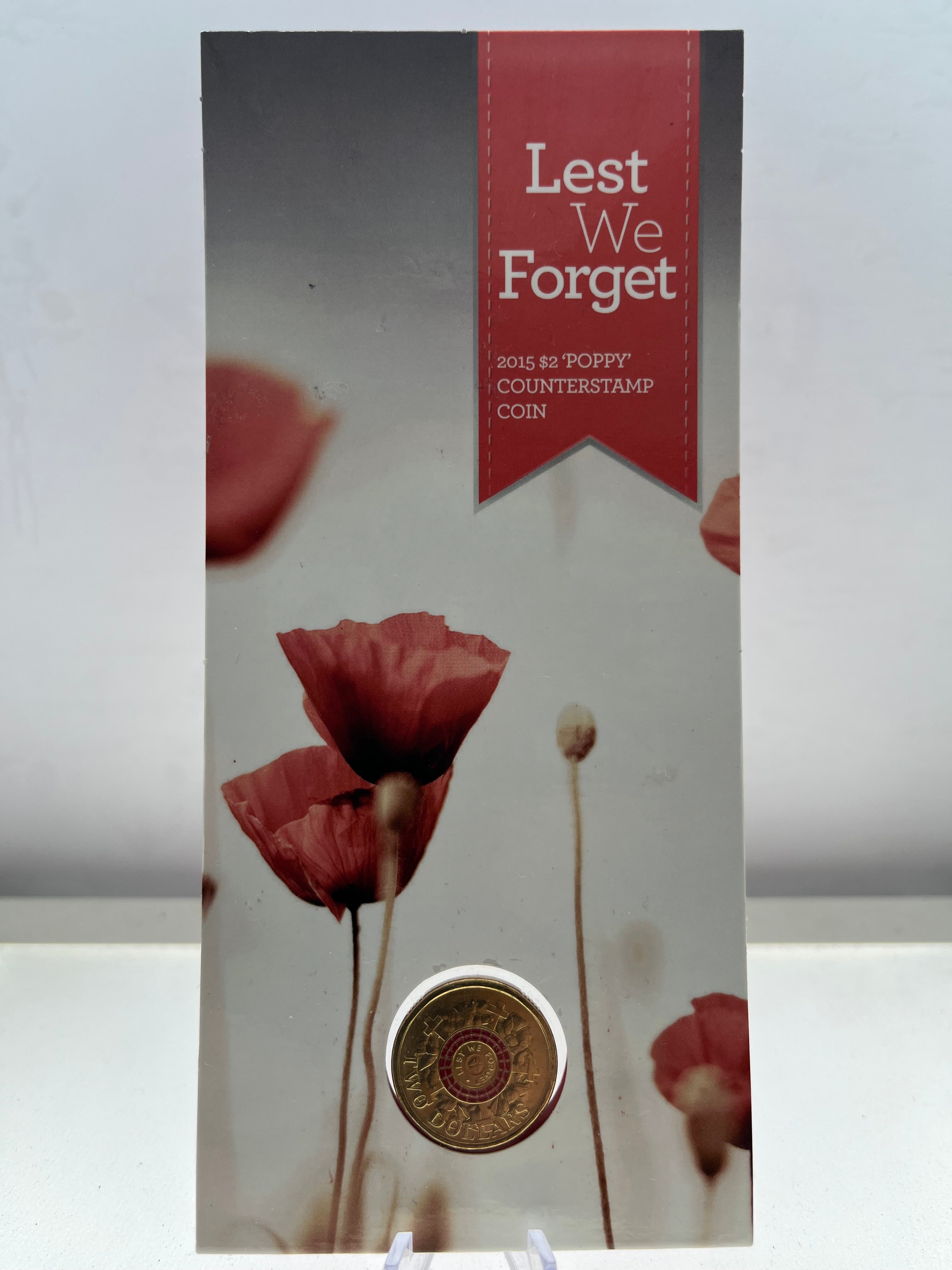 2015 Australian RAM $2 Lest We Forget 'Poppy' Counterstamp Colour Coin - Carded