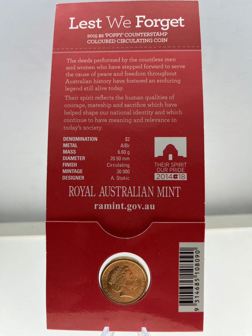 2015 Australian RAM $2 Lest We Forget 'Poppy' Counterstamp Colour Coin - Carded