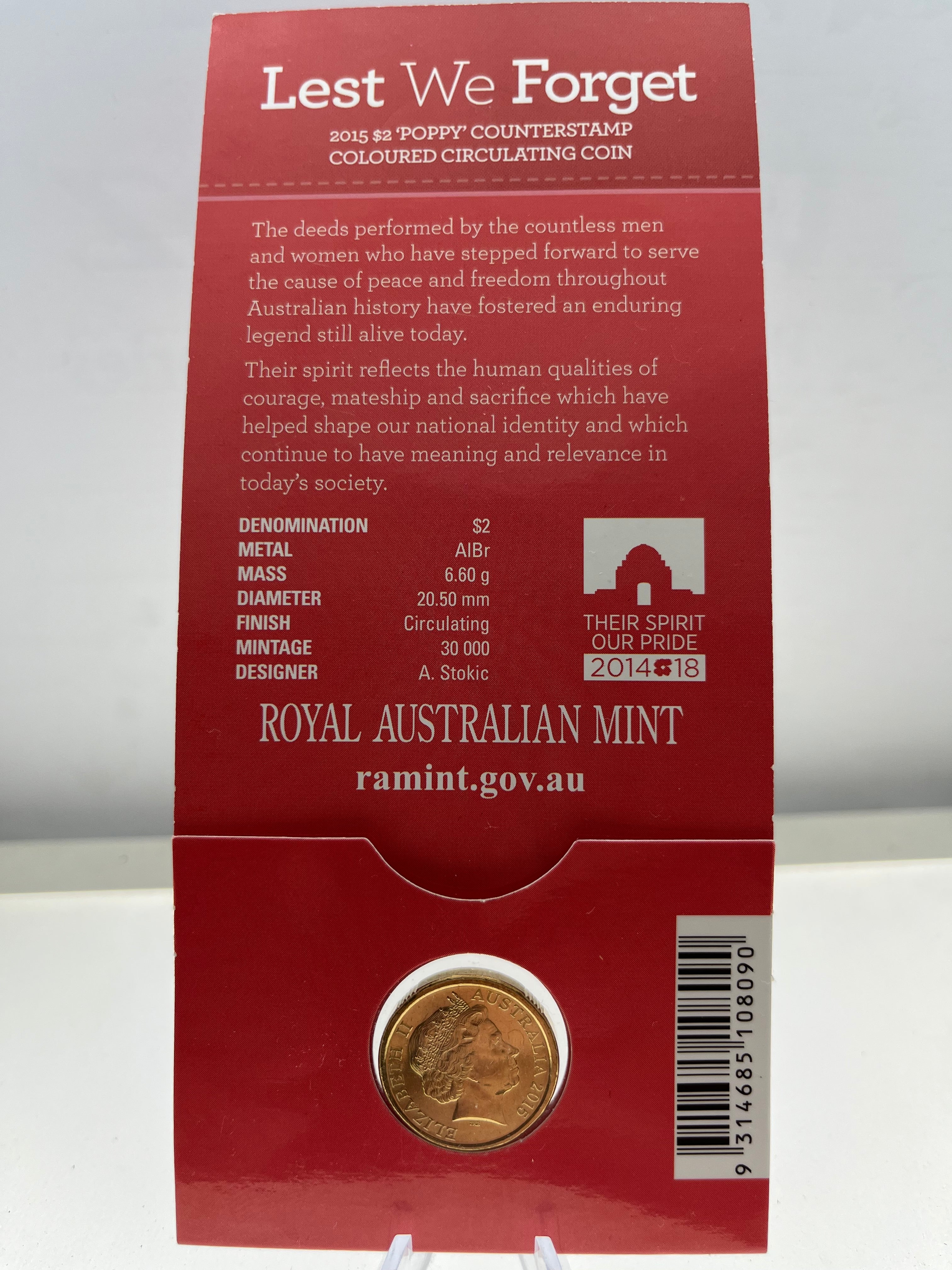 2015 Australian RAM $2 Lest We Forget 'Poppy' Counterstamp Colour Coin - Carded