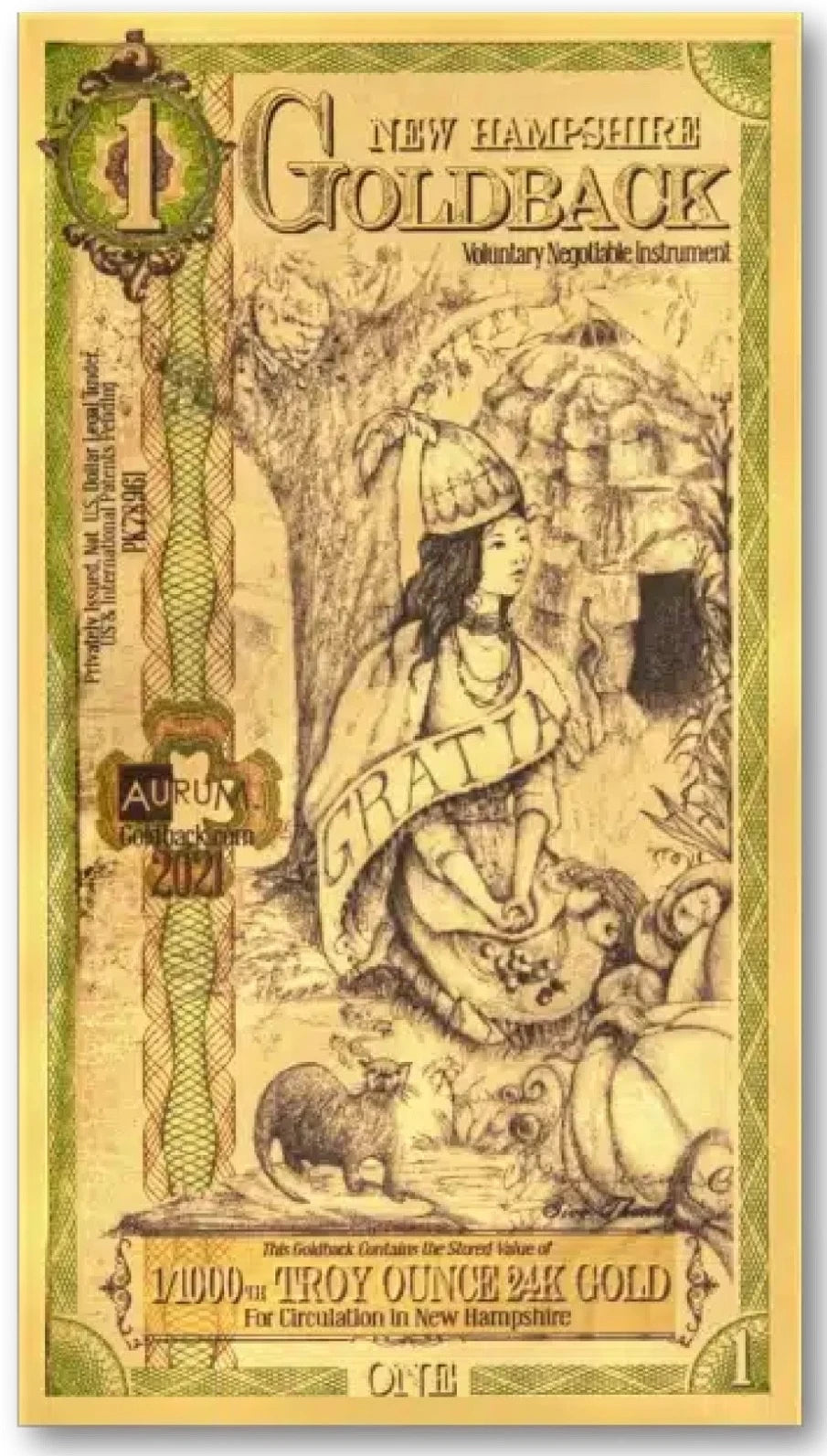2021 NEW HAMPSHIRE 1 GOLDBACK NOTE 1/1000TH oz .999 GOLD